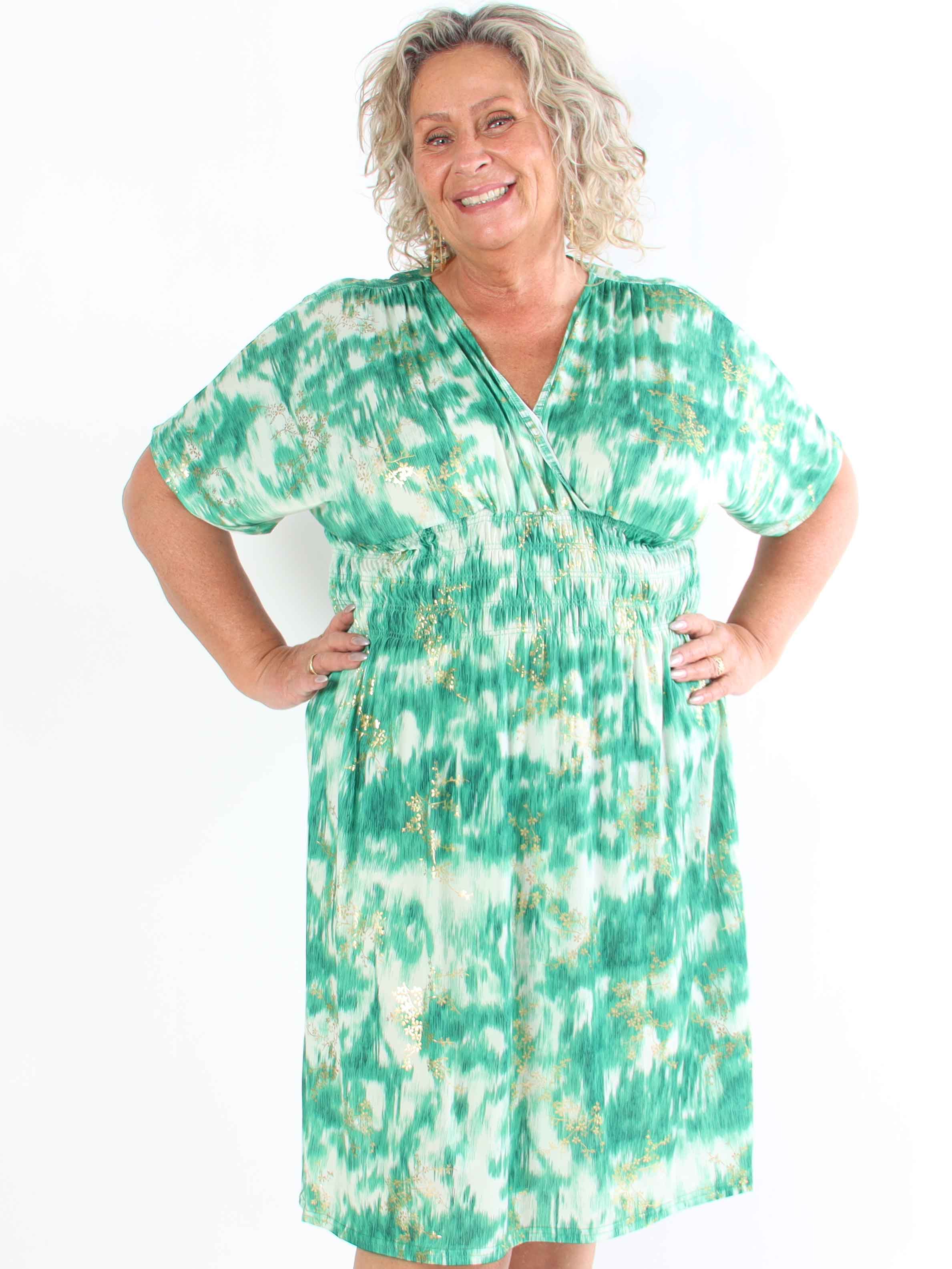 Pams Art Short - Plus size elastisk kjole med guld blomster